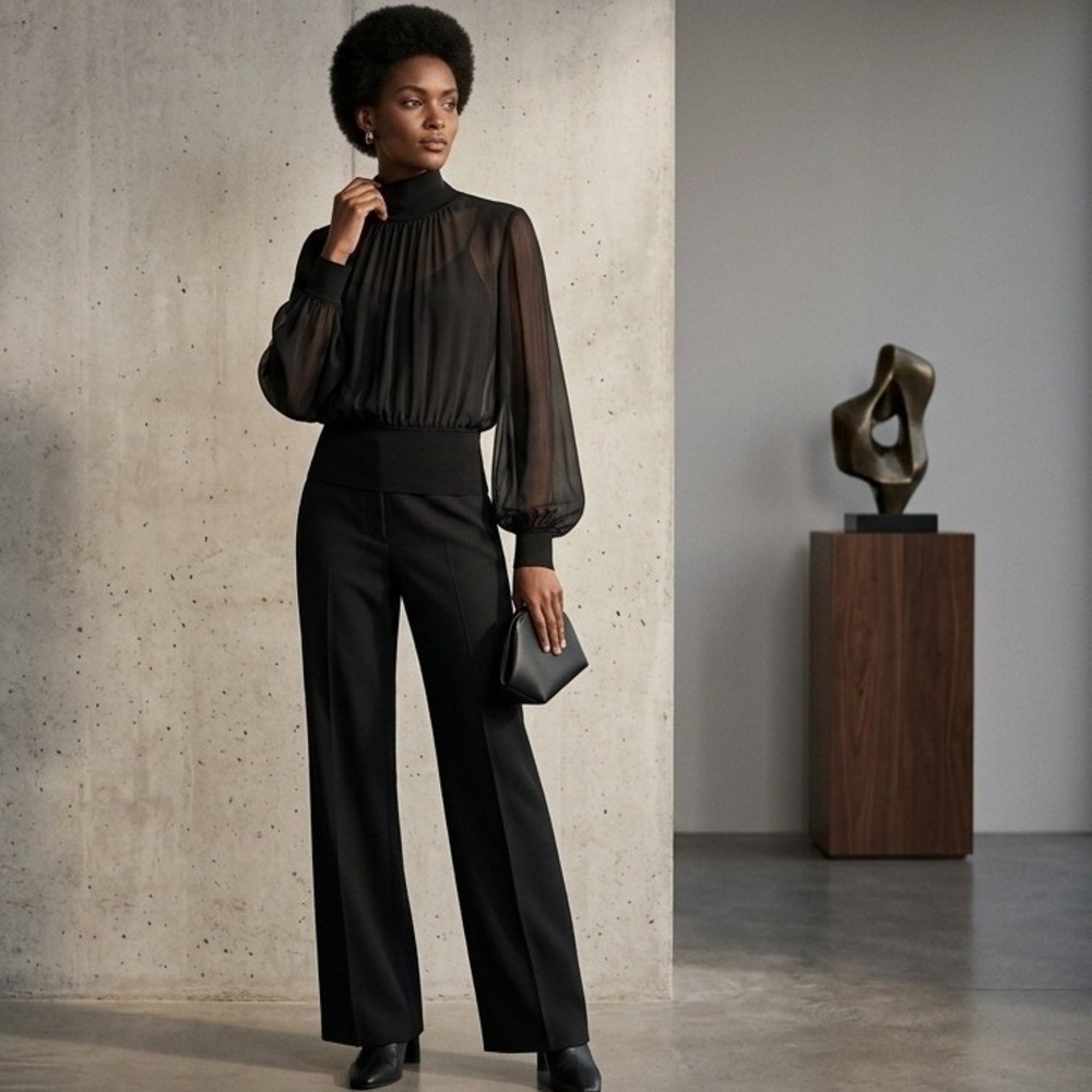 Lafayette 148 New York Black Silk Mock Neck Sheer Sleeve Blouse Top Medium